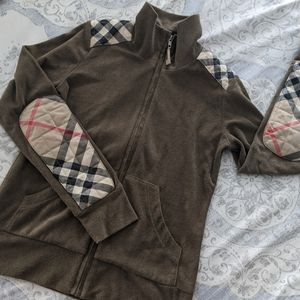 Dark Olive Green Burberry Zipper Jack Women's Small Plaid Stripes Elbow Patches